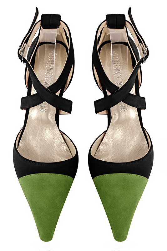 Grass green and matt black women's open side shoes, with crossed straps. Pointed toe. Medium spool heels. Top view - Florence KOOIJMAN